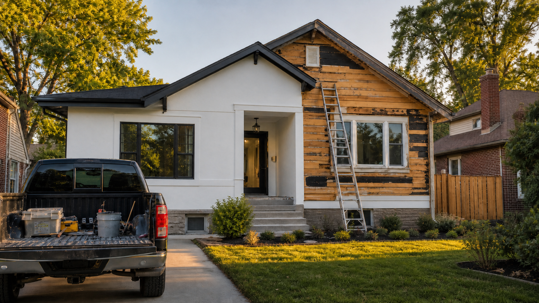 Single-family home mid-renovation with contractor ladder and warm golden-hour lighting