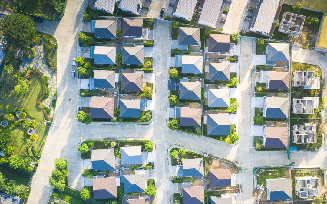 Aerial view of a build to rent neighborhood for real estate investors.