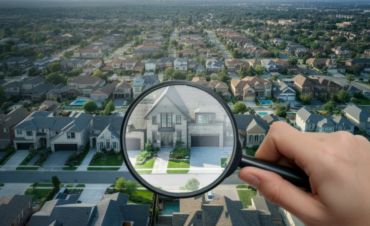 magnifying glass examining overview of neighborhood