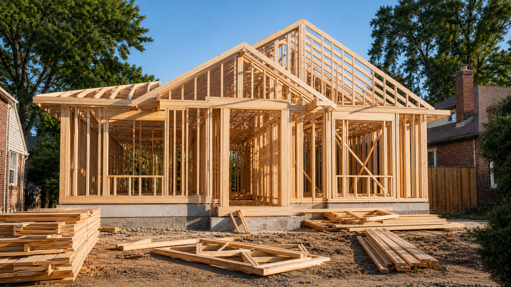 New residential home under construction at the framing stage with warm natural lighting
