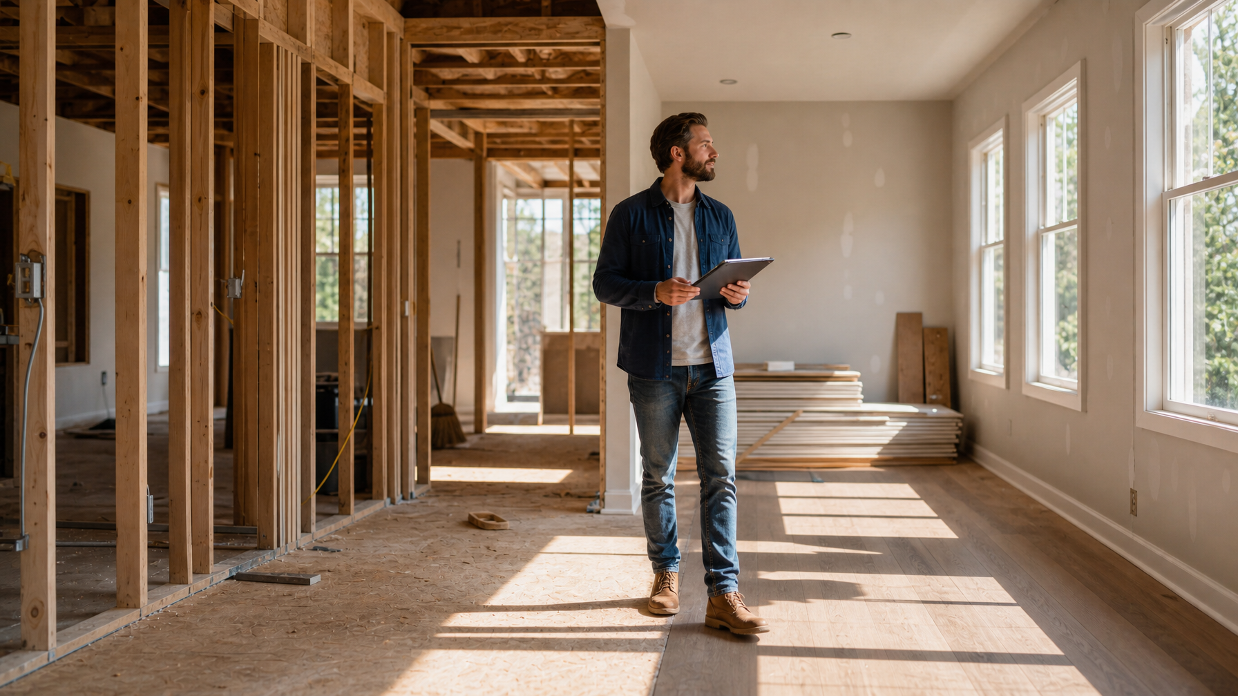 Real estate investor walking through a single-family home mid-renovation reviewing rehab progress